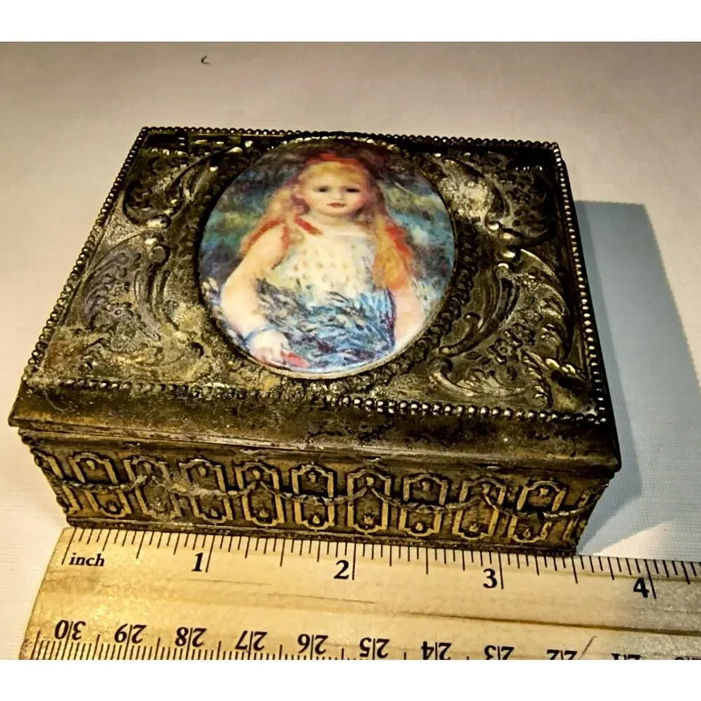 1639.  Metal Trinket Jewelry Box Porcelain Inlay